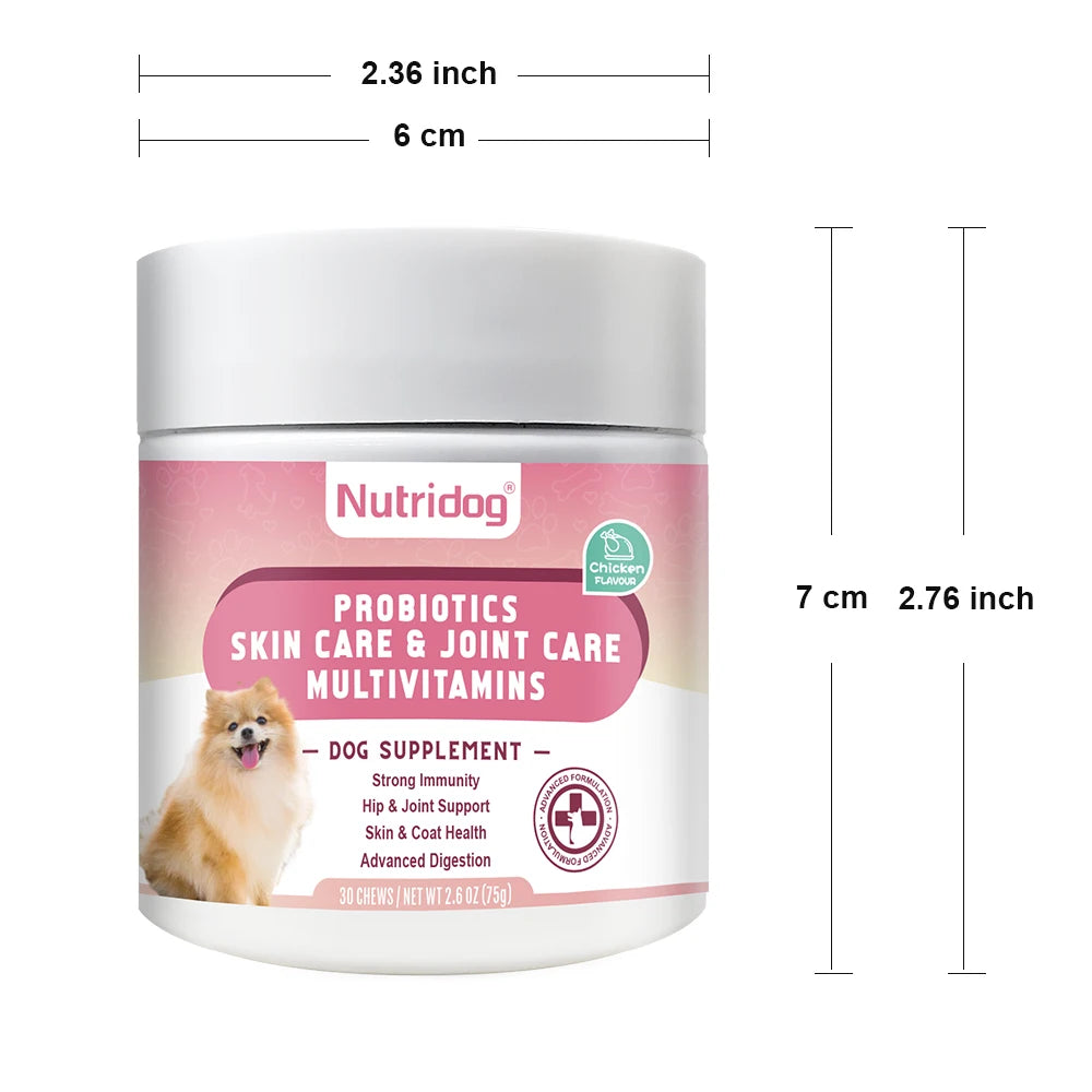 NUTRIDOG Dog Multivitamin Chews Probiotics Glucosamine Digestive Enzymes Supports Joint Health Immune System Gut 30 PCS/Bottle