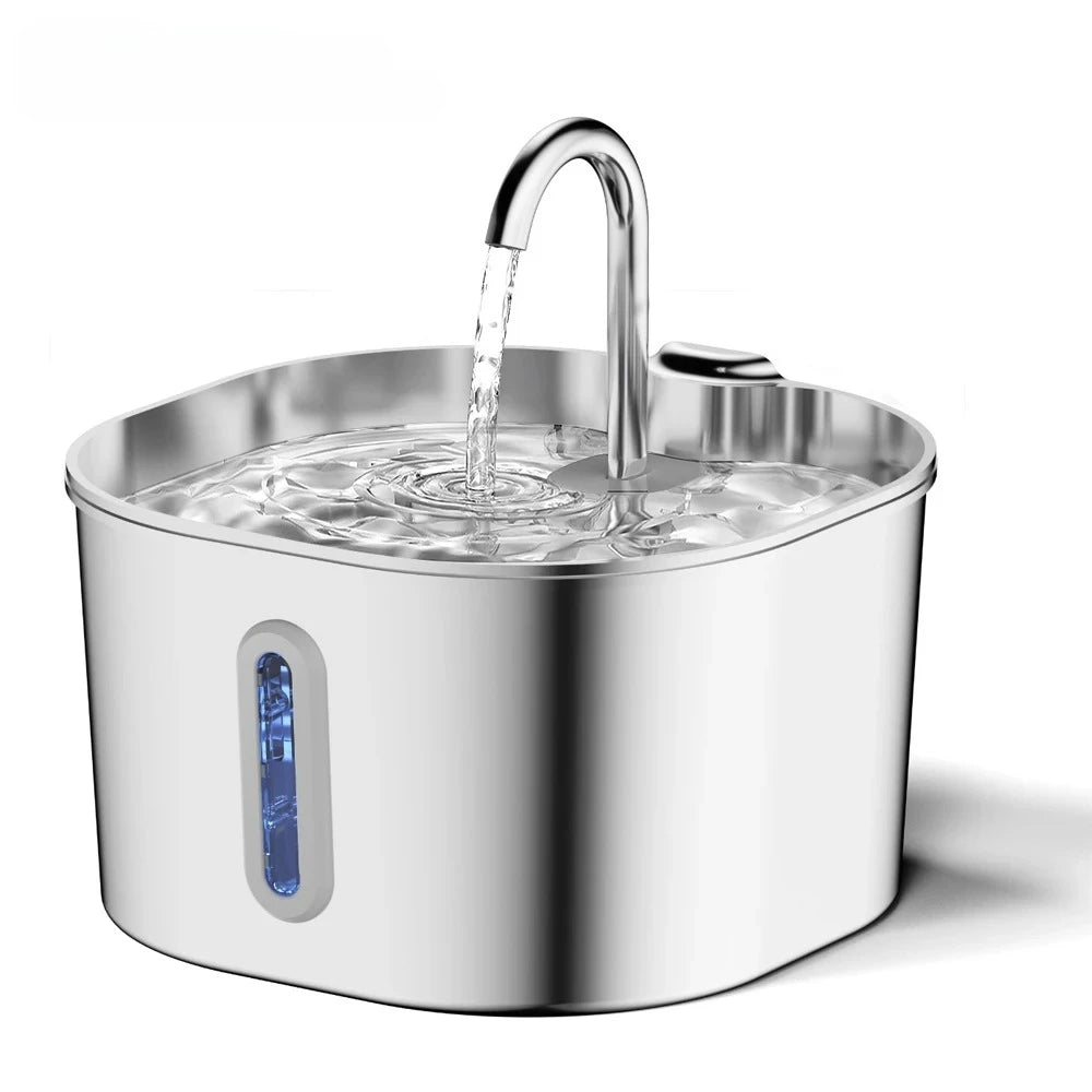 2.2L Automatic Cat Water Fountain Square Stainless Steel Pet Water Feeder Dog Water Fountain with window（No 5V 1A Plug）