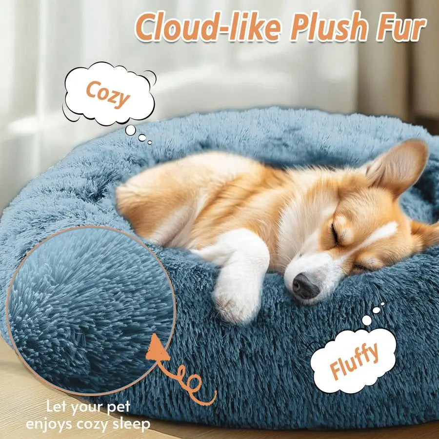 Calming Dog Bed Large Size Dog, AntiAnxiety Donut Large Pet Bed, 36 inches Fluffy Faux Fur Round Cat Bed, Fits up to 75 lbs Pets