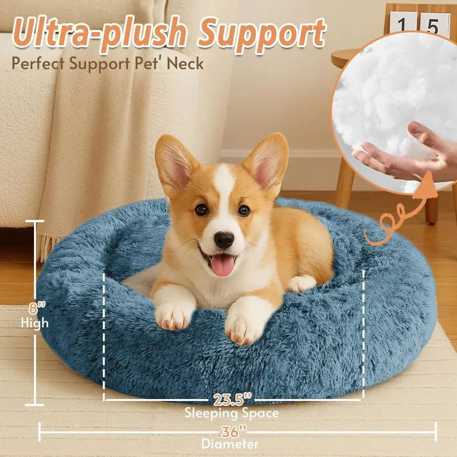 Calming Dog Bed Large Size Dog, AntiAnxiety Donut Large Pet Bed, 36 inches Fluffy Faux Fur Round Cat Bed, Fits up to 75 lbs Pets