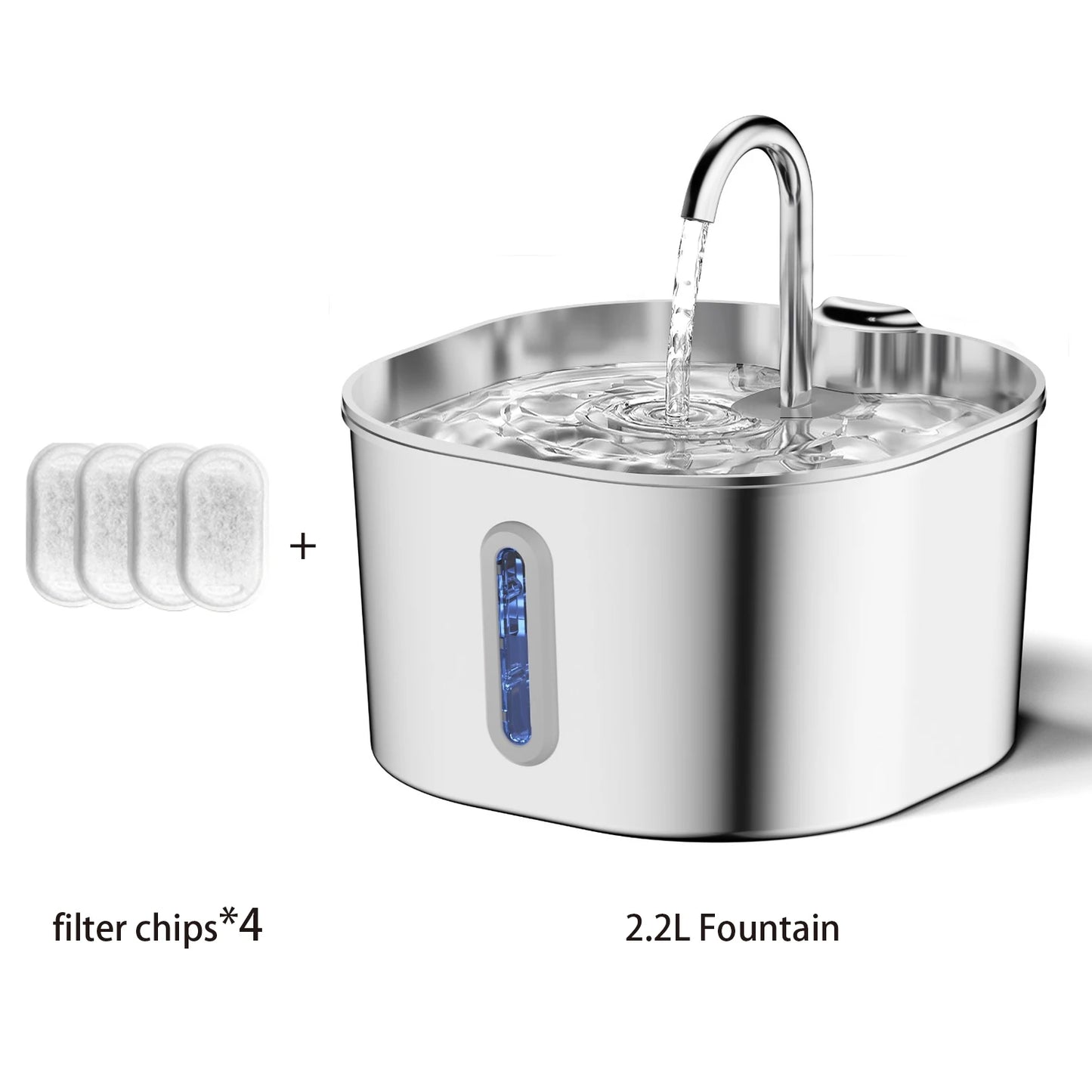 2.2L Automatic Cat Water Fountain Square Stainless Steel Pet Water Feeder Dog Water Fountain with window（No 5V 1A Plug）