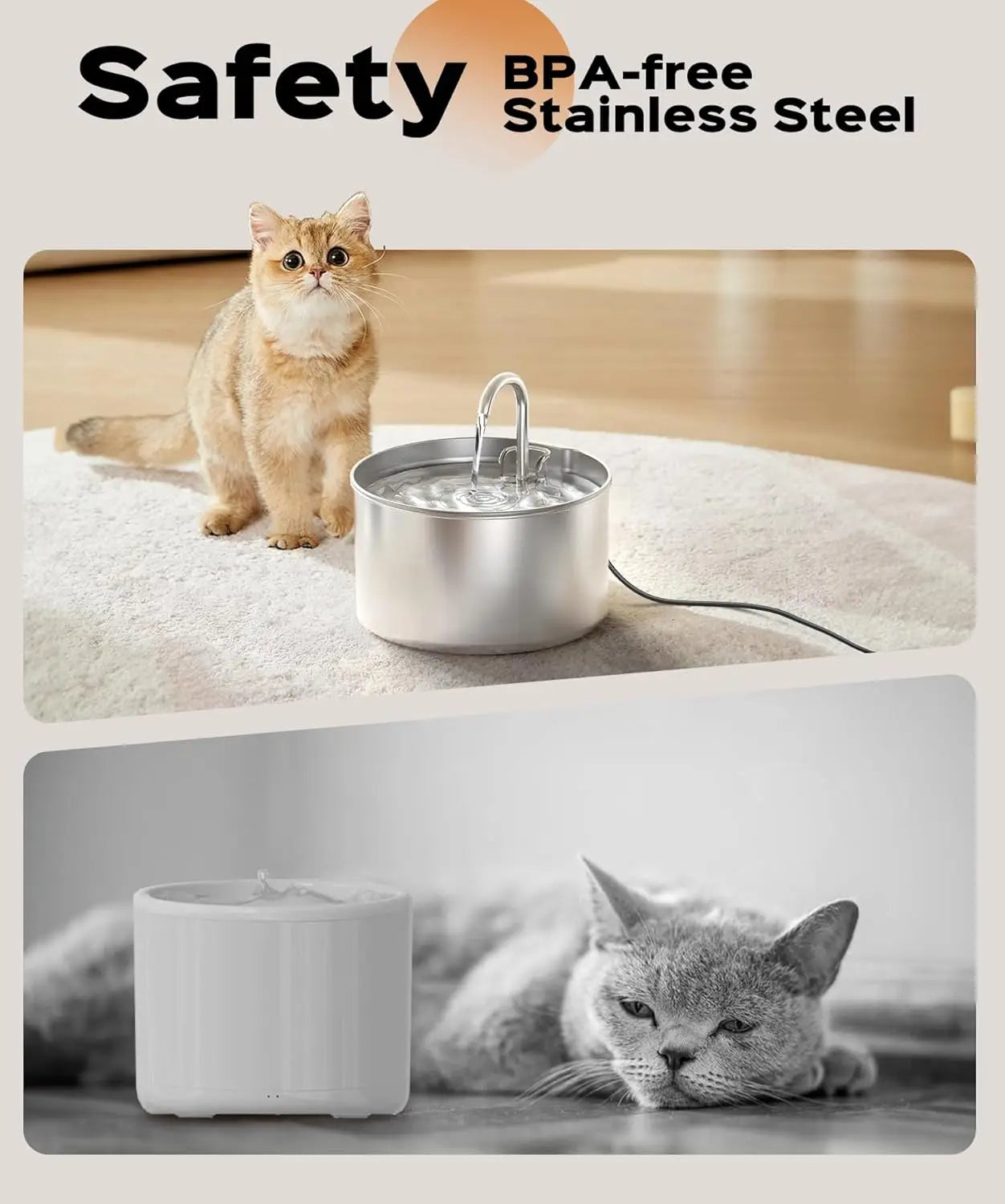 Cat Water Fountain Stainless Steel + 8 filters + 8 Sponges - Pet Water Fountains Faucet Metal Automatic Cat/Dog Waterer Bowls