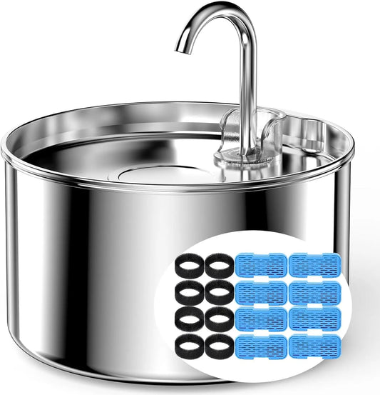 Cat Water Fountain Stainless Steel + 8 filters + 8 Sponges - Pet Water Fountains Faucet Metal Automatic Cat/Dog Waterer Bowls